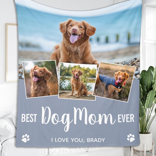 Stylish Best Dog Mom Personalized 4 Photo Collage Fleece Blanket