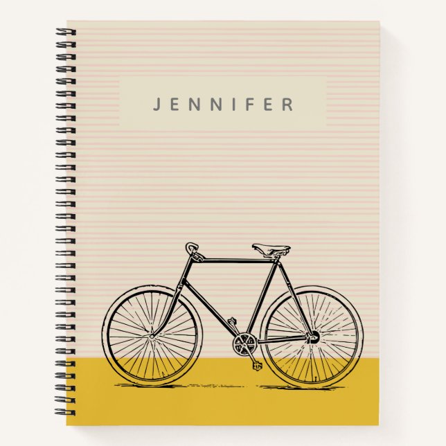 Stylish Bike Illustration Blush and Yellow Name Notebook (Front)