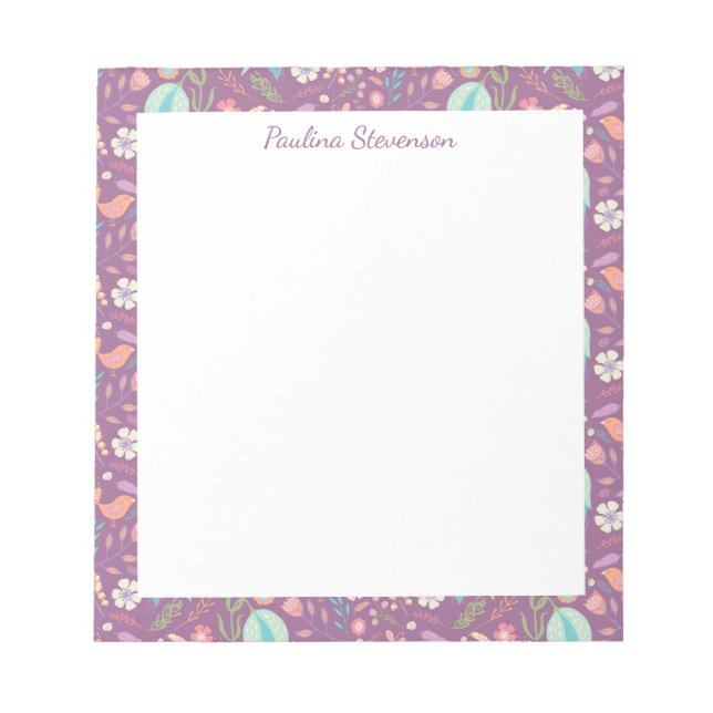 Stylish Birds Flowers Mauve Pattern Personalized Notepad (Front)