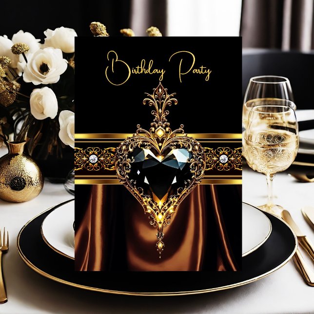 Stylish Birthday Chocolate Gold Black heart Invitation (Creator Uploaded)