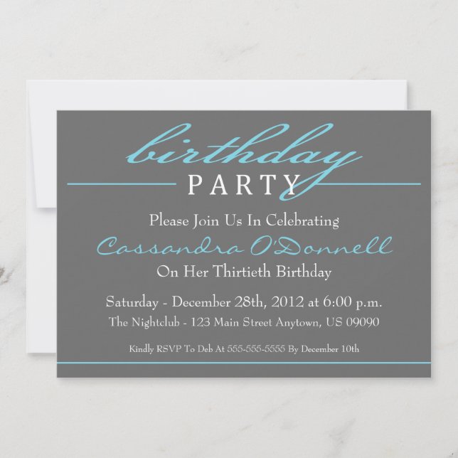 Stylish Birthday Party Invitations (Blue) (Front)