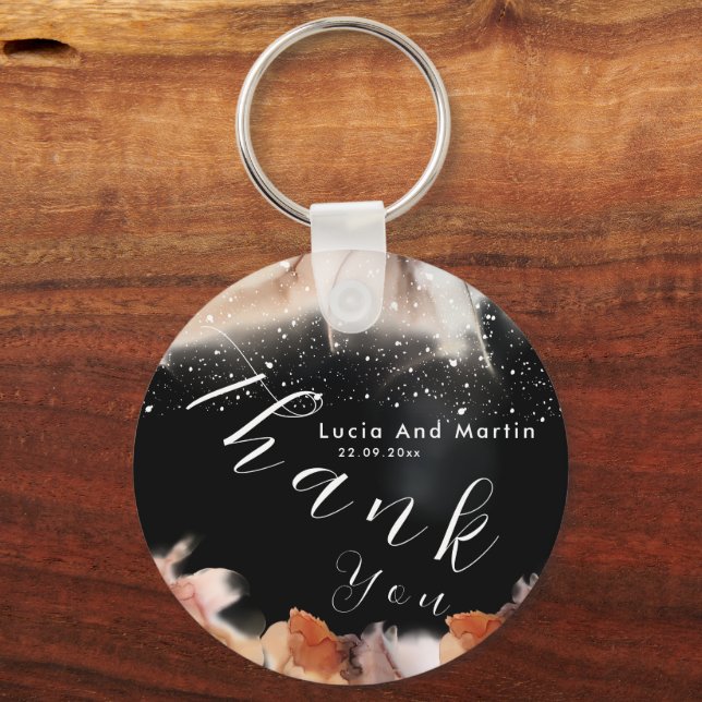 Stylish Black Alcohol Orange Ink Thank You Wedding Keychain (Front)