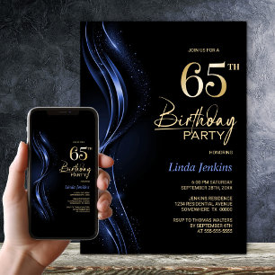Stylish Black and Blue 65th Birthday Party Invitation