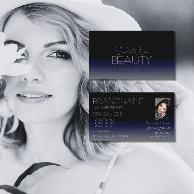 Stylish Black and Blue Chic Mirror Font with Photo Business Card (Creator Uploaded)