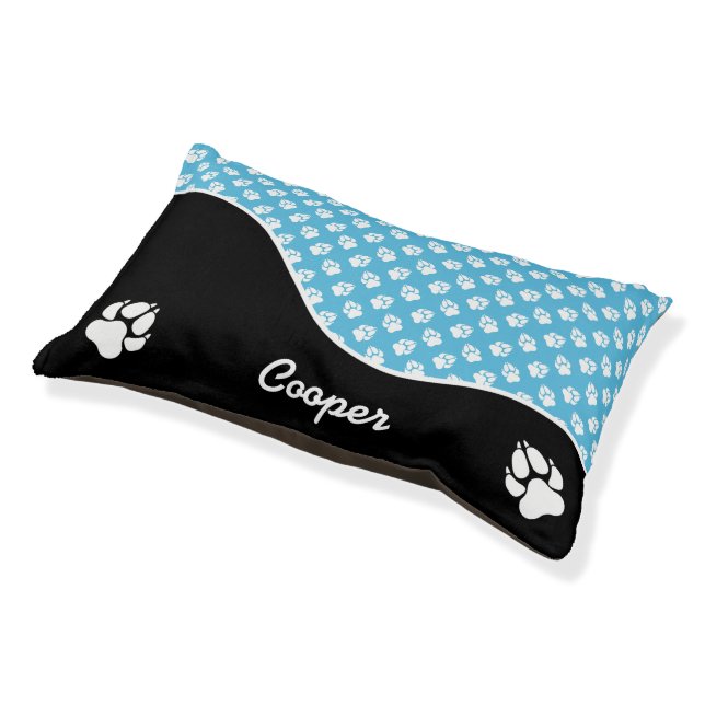 Stylish Black And Blue Dog Paws Pattern & Name Pet Bed (Angled)