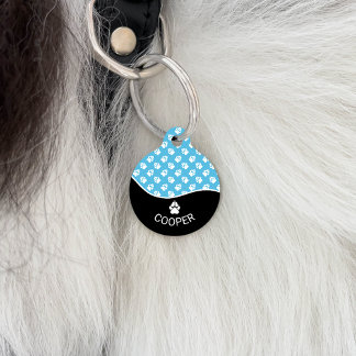 Stylish Black And Blue Dog Paws Pattern & Name Pet ID Tag