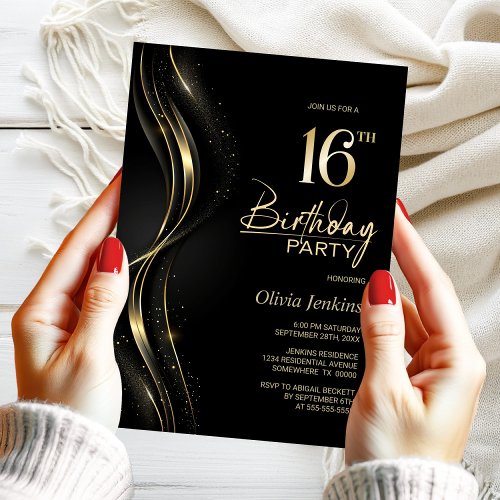 Stylish Black and Gold 16th Birthday Party Invitation