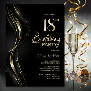 Stylish Black and Gold 18th Birthday Party Invitation