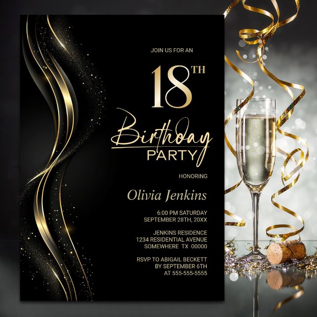 Stylish Black and Gold 18th Birthday Party Invitation (Creator Uploaded)