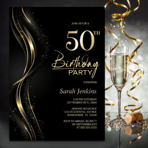 Stylish Black and Gold 50th Birthday Party Invitation