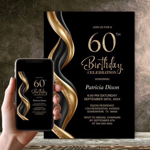Stylish Black and Gold 60th Birthday Party Invitation
