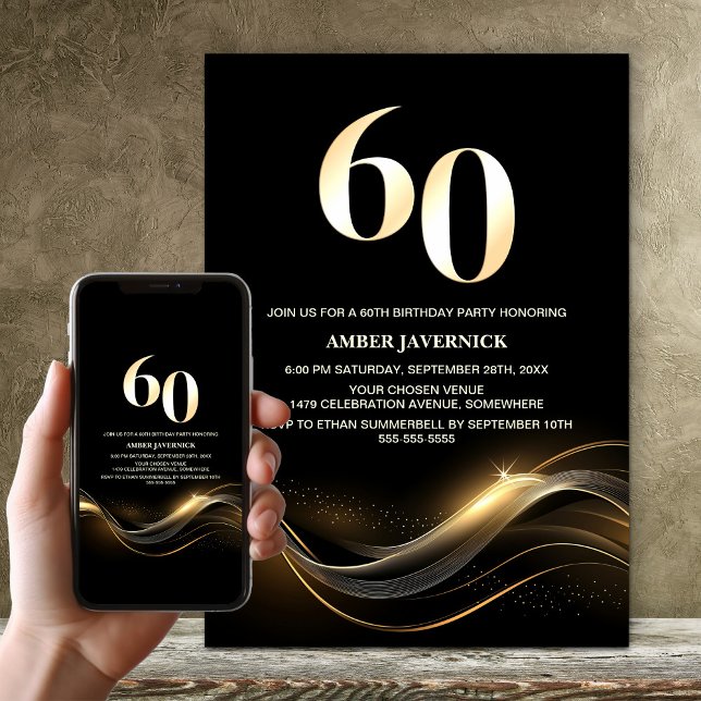 Stylish Black and Gold 60th Birthday Party Invitation (Creator Uploaded)