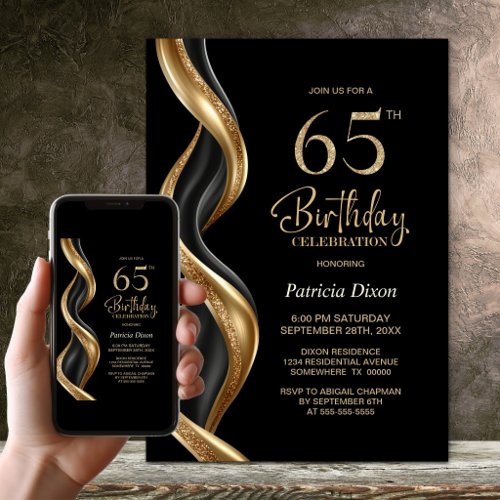 Stylish Black and Gold 65th Birthday Party Invitation