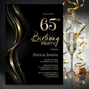 Stylish Black and Gold 65th Birthday Party Invitation