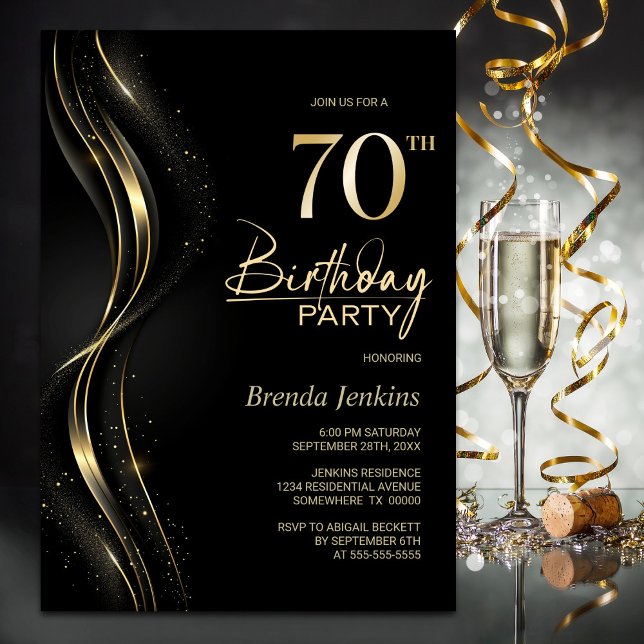 Stylish Black and Gold 70th Birthday Party Invitation (Creator Uploaded)