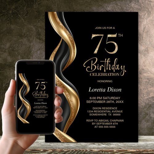 Stylish Black and Gold 75th Birthday Party Invitation