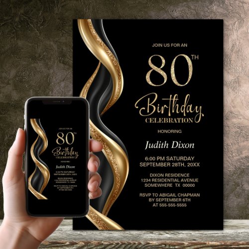 Stylish Black and Gold 80th Birthday Party Invitation