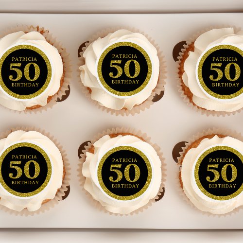 Stylish Black And Gold Glitter 50th Birthday   Edible Frosting Rounds
