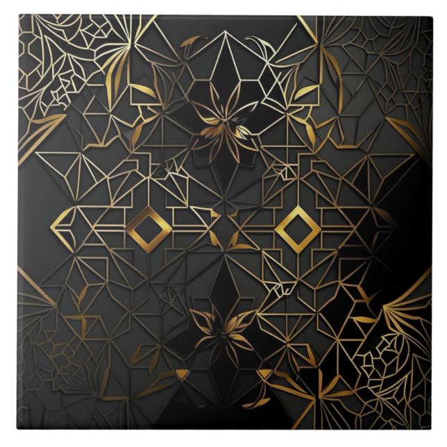 Stylish Black and Gold Mosaic Abstract Ceramic Tile (Front)