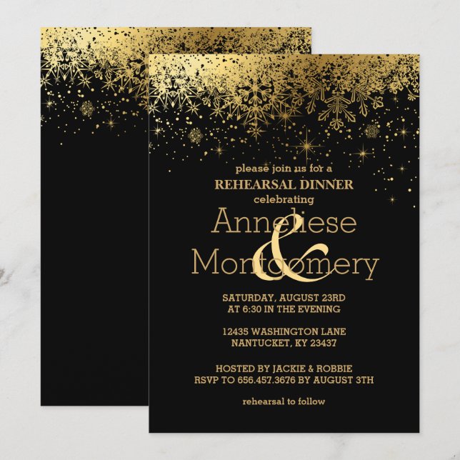 Stylish Black and Gold Snowflake Rehearsal Dinner Invitation (Front/Back)