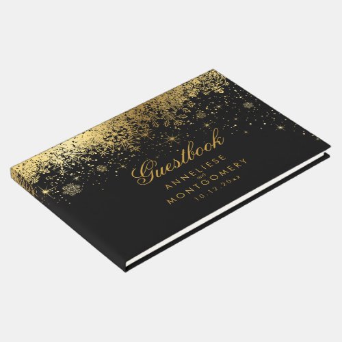 Stylish Black and Gold Snowflakes Guest Book