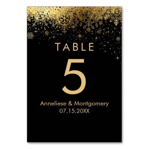 Stylish Black and Gold Snowflakes Table Number
