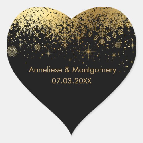 Stylish Black and Gold Snowflakes  Wedding Heart Sticker