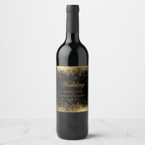 Stylish Black and Gold Snowflakes Wedding Wine Label