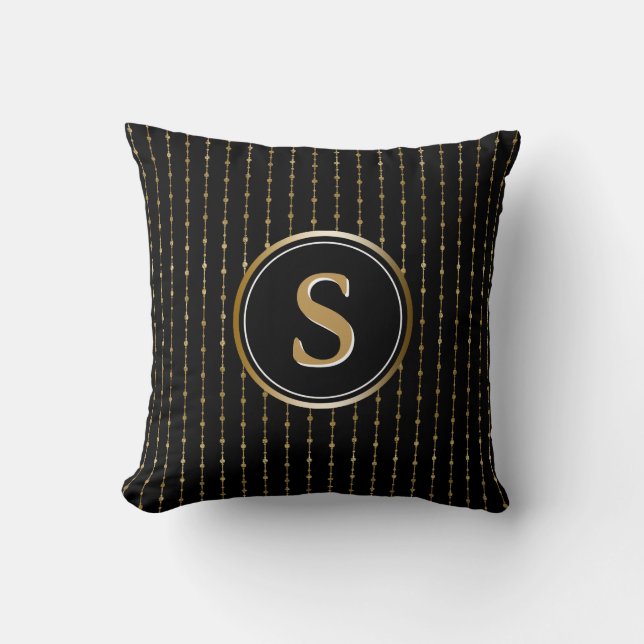 Stylish Black and Gold Stripes Pattern Monogram Throw Pillow (Front)