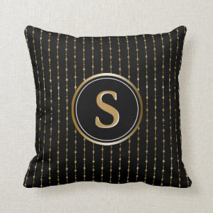 Stylish Black and Gold Stripes Pattern Monogram Throw Pillow