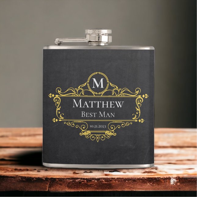 Stylish Black and Gold Vintage Best Man Flask (Creator Uploaded)