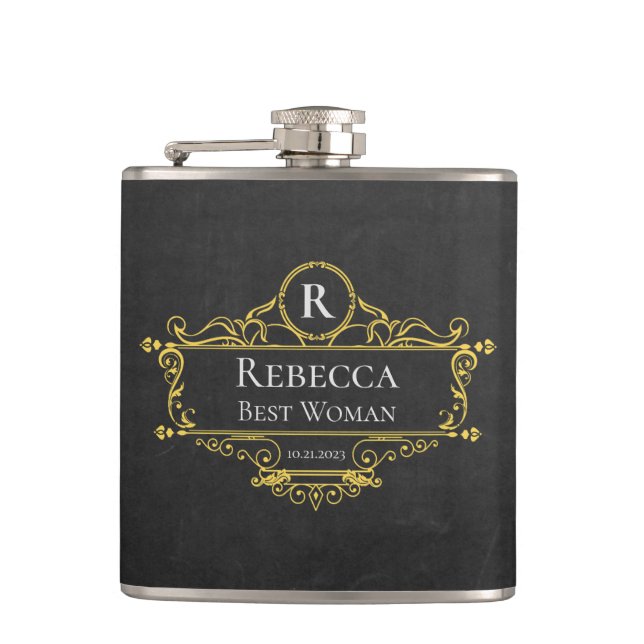 Stylish Black and Gold Vintage Best Woman Flask (Front)
