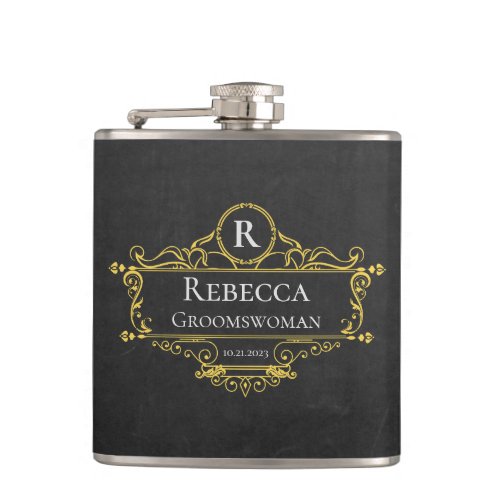 Stylish Black and Gold Vintage Groomswoman Flask