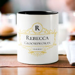 Stylish Black and Gold Vintage Groomswoman Two-Tone Coffee Mug<br><div class="desc">This stylish black and gold vintage groomswoman coffee mug design features typographic initial,  name and date for a minimalistic feel that can be easily personalized.</div>