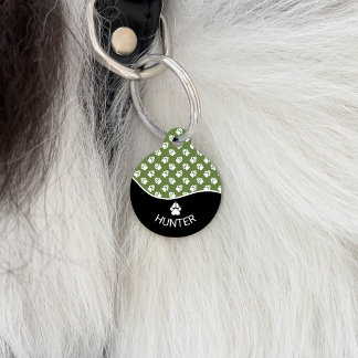 Stylish Black And Green Dog Paws Pattern & Name Pet ID Tag