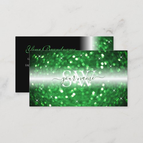 Stylish Black and Green Sparkling Glitter Initials Business Card