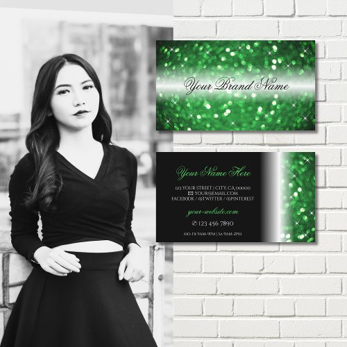 Stylish Black and Green Sparkling Glitter Modern Business Card