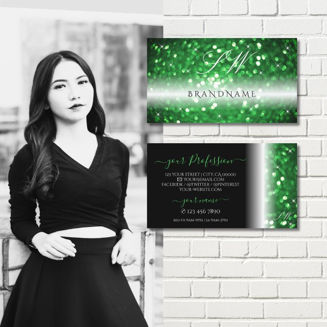 Stylish Black and Green Sparkling Glitter Monogram Business Card (Creator Uploaded)