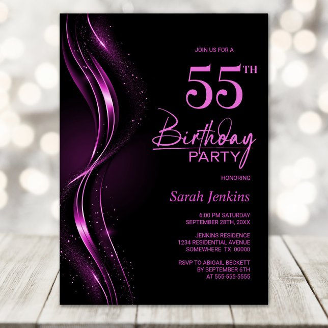 Stylish Black and Pink 55th Birthday Party Invitation (Creator Uploaded)