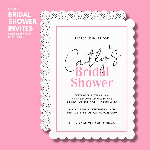 Stylish Black and Pink Script Spot Bridal Shower Invitation