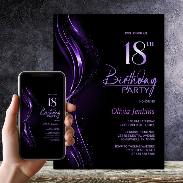Stylish Black and Purple 18th Birthday Party Invitation (Creator Uploaded)