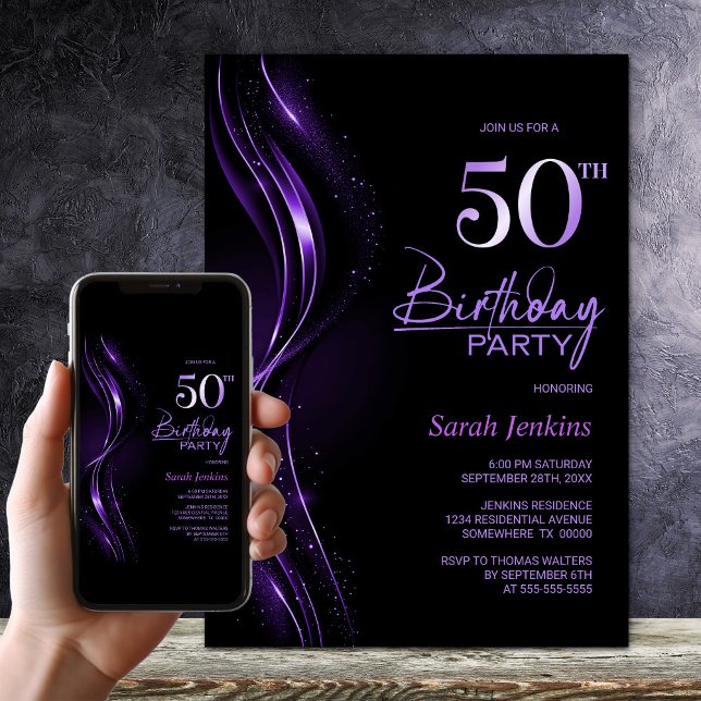 Stylish Black and Purple 50th Birthday Party Invitation (Creator Uploaded)