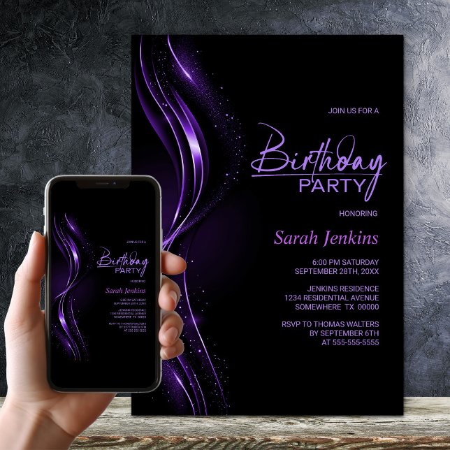 Stylish Black and Purple Birthday Party Invitation (Creator Uploaded)