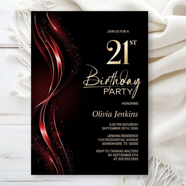 Stylish Black and Red 21st Birthday Party Invitation (Creator Uploaded)