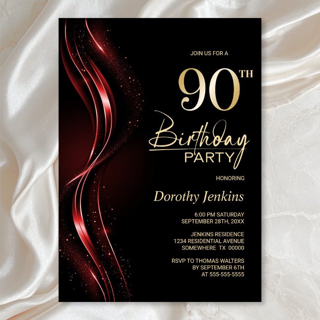 Stylish Black and Red 90th Birthday Party Invitation (Creator Uploaded)
