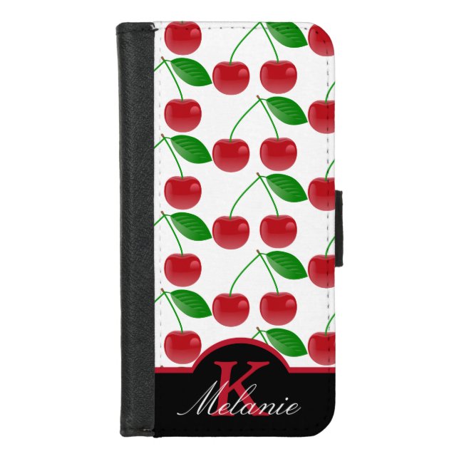 Stylish Black and Red Cherries Personalised iPhone Wallet Case (Front)