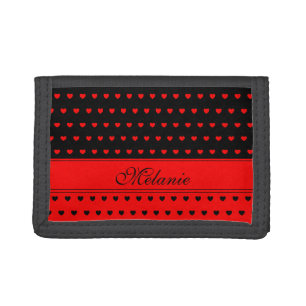 Stylish Black and Red Hearts, Custom Name, Kid's Tri-fold Wallet