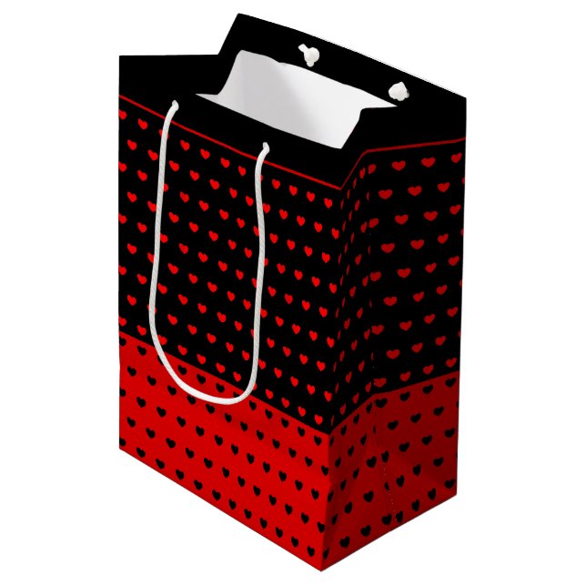 Stylish Black and Red Hearts Pattern, Elegant Medium Gift Bag (Front Angled)