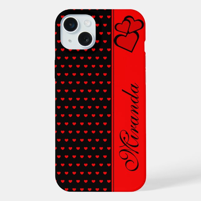 Stylish Black And Red Hearts Pattern Name Template Iphone Case (Back)
