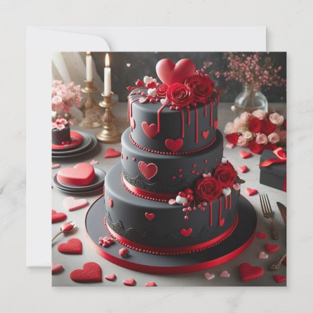 Stylish Black and Red Valentine Cake Holiday Card (Front)
